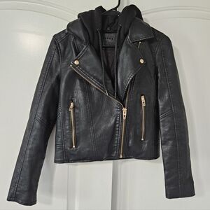Blank NYC Black Leather Jacket with Detachable Hood And Gold Accents